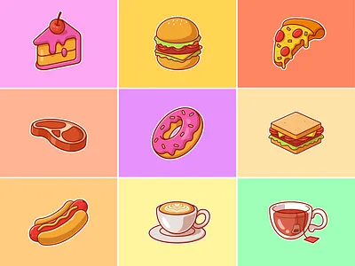 Food stickers🍰🍔🍕🥩 accessories barbeque beef cake coffee cup cake cute dessert drink fast food flying food food food sticker icon illustration logo ornament restaurant sticker