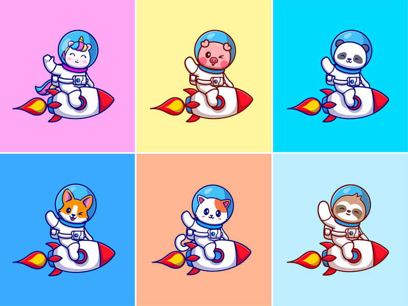 Animal astro🦄🐷🐱🚀 animal animal astro astronaut astronaut suit custome animal cute driver face animal flying icon illustration logo profession ride rocket rocket space theme unicorn weasel
