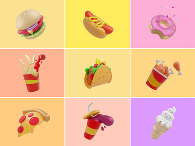 Fast food🍔🍟🍩🍦 3d design bread breakfast chicken wing cute donut drink fast food food court food icon food store icon illustration logo meal menu pizza taco