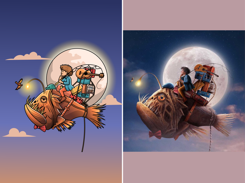 Cute boy with fish👦🏼🐡🎣 anglerfish animation boy camping cartoon character cute fish fishing flying fish icon illustration logo monster moon riding sea sky