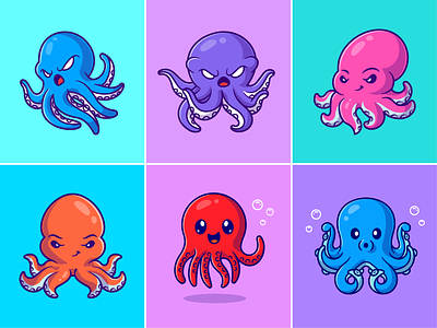 Octopus🐙🌊🐙 angry face animal colors custome animal cute deep sea face expression icon illustration logo ocean octopus sea silly face tentacles wild animal