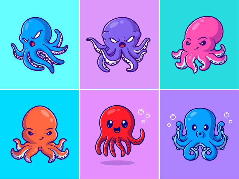 Octopus🐙🌊🐙 angry face animal colors custome animal cute deep sea face expression icon illustration logo ocean octopus sea silly face tentacles wild animal