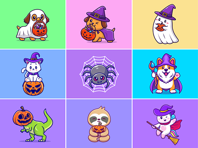 Halloween is coming🎃🍬🍭👻🍫 animal custome broom character cute dog dress up ghost halloween halloween party icon illustration insect logo magic november pumpkin spider stick unicorn
