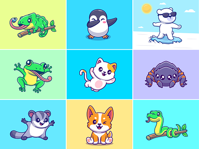 Animals project for client🐸🐧🐻‍❄🐍🕷️ animal play animals cat custom animals cute frog icon illustration lizard logo penguin pet polar bears porcupine reptile snake spider sugar glider zoo