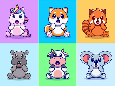 Cute animals surprised🦄🦊🐨🐮😮 animals cartoon character cow cute dog emoticon expression face icon illustration logo pet racoon shocked sticker surprised unicorn