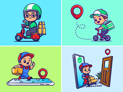 Cute courier delivery package👦🏻📦📍🛵💨 box boy character courier cute delivery driving hat house icon illustration logo man maps motorcyle onlineshop package packaging stuff transportation