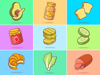 Food ingredients🥑🍞🥒🥫🥬 beef bread breakfast cucumber cute food fruit icon illustration ingredients jam logo lunch menu peanut jam potato recipe salad strawberry jam vegetable