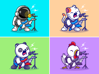Lets rock!!🧑🏼‍🚀🐈🐓🎸🎤 animal astronaut backstage cat character chicken concert cute guitar icon illustration logo panda planet rock singing song stand