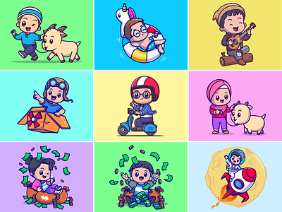 Cute characters👦🏻👧🏻🧕🏻🛵🚀 animal astronaut box boy character cute driver girl goat guitar icon illustration kids logo money people person pilot rocket summer