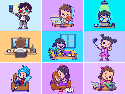 People gadget👧🏻👦🏻📱💻🖥️ activities andoid apple boy character chill cute electronic gadget girl handphone icon illustration kids logo money people room working workspace