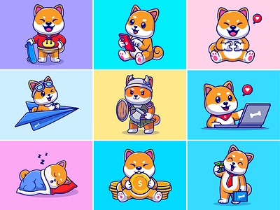 Shiba Inu 🐶🐶 animal breed coin cute design dog dribbble flat icon illustration inu laptop logo love mascot money pet shiba skate vector