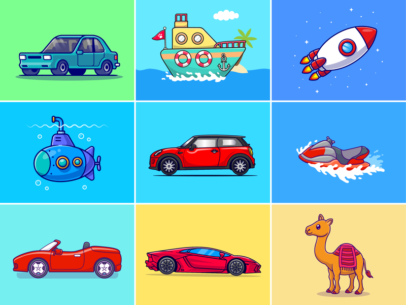 Transportations🚗🚀🚢🐪 animal bmw boat camel car icon illustration jet sky logo red car riding rocket sea space sport car submarine transportation vehicle