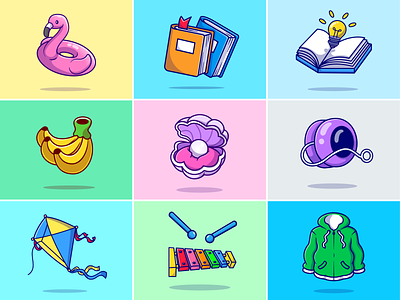Childhood objects🪁🪀📚🦩 balloon banana book cute doll flamingo game icon illustration jacket kid kite logo memories music object pearl play stuff yoyo