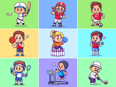 People sports👦🏻👧🏻🏈⚽🎳 activities ball basket bowling boy character cute exercise fitness girl golf icon illustration logo running soccer softball sports treadmill
