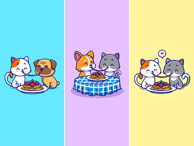Friends eating together🐱🐶🍜 activities animal bestfriend cat character dog eat eating food friend icon illustration kitchen logo love noodle ramen relationship table
