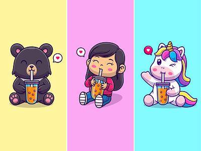 Drinking boba🧋🐻👩🏻🦄 animal bear boba bubble tea character cup cute drink drinking food girl icon illustration juice logo tea unicorn