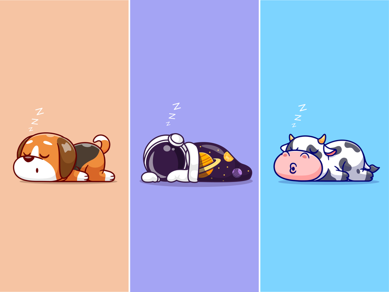 Sleeping time🐶🧑🏼‍🚀🐮😴💤 animal astroman astronaut bed blanket character cow cute dog dreaming icon illustration logo night rocket sleep sleeping