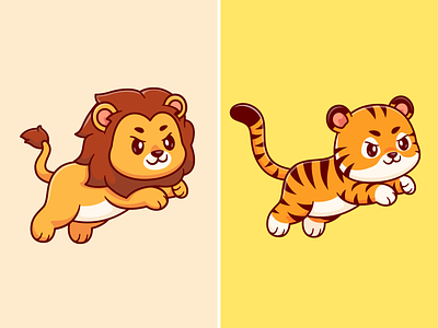 Lion🦁 or Tiger🐯 animal baby battle cat character cute fight icon illustration king leo lion logo scary tiger versus wild