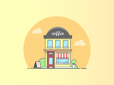 Coffeshop in evening coffe design dribbble dribbbler flat icon illustration illustrator lineart minimal shots simplicty
