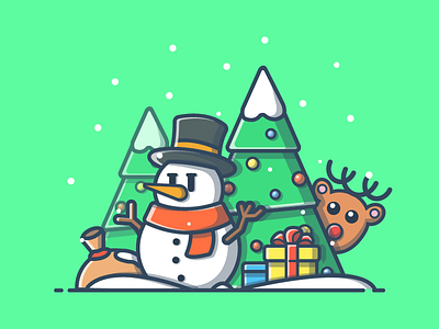 Snowman! ⛄😐 deer dribbble flat gift icon illustration lineart minimal snow snowman tree vector