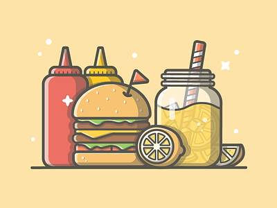 Summer vibes 👌🍋🍔 burger dribbble flat icon illustration juice ketchup logo orange shots summer vector