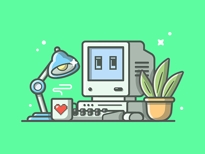 Oldie but goldie ~ 😁✌ coffee computer dribbble flat icon illustration lamp love old plant shots vector