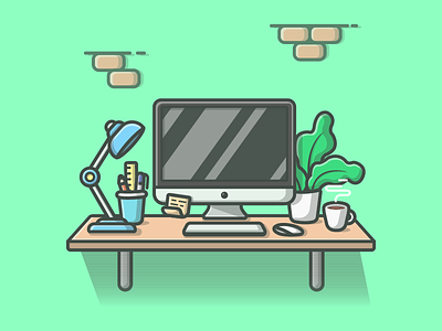 Workspace° 😋 💻☕ coffee dribbble flat icon illustration ios lamp mac plant shots workspace