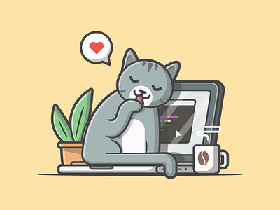 Awkward moment 😹 cat coding coffee cute dribbble flat icon illustration laptop plant workspace