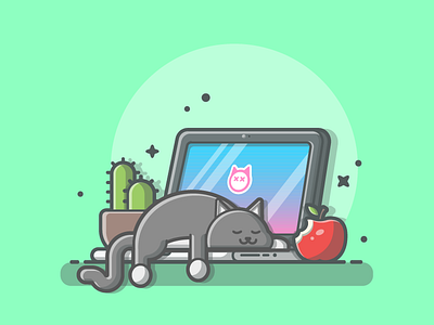When you want to start work.......😽😹 apple cat cute dribbble flat icon illustration laptop plant sleep workspace