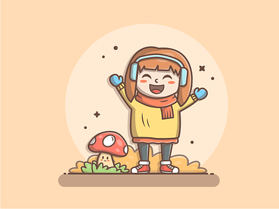 Little happy girl 👧😝 autumn cute design dribbble flat icon illustration logo lovely mushroom shots vector