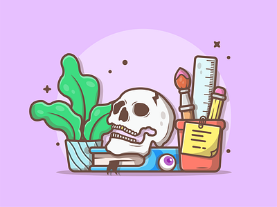 My halloween desk! 💀✍ book creative desk dribbble eye flat icon illustration logo pencil plants skull