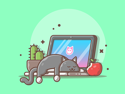 lazy cat retouched! 😼😽😁 apple cactus cat dribbble icon illustration laptop lazy logo plant sleep workspace