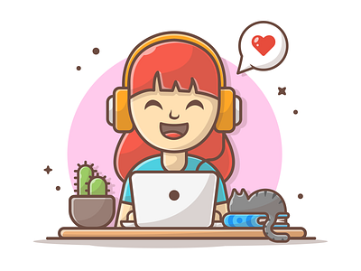 Girl listening music 🎤🎶❤ cat character cute flat girl headphone icon illustration listening logo music vector
