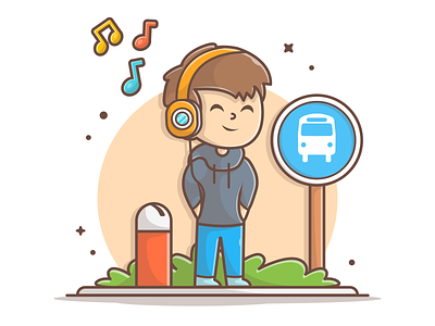 Boy waiting the bus 🚌 😙 🎧🎶🎵 boy bus cartoon headphone icon illustration lineart listening logo minimal music vector
