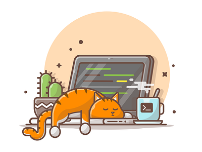 Lazy Cat and Code 🐱 💻 cactus cat coffee cute flat icon illustration laptop lazy lineart logo minimal