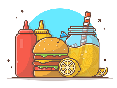 Summervibes~ 🍔🍹🍋☀ burger fast food icon illustration juice lemon lineart logo mustard orange summer