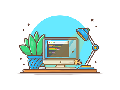 Programmer workspace 🖥📃🌱 code freelancer icon illustration lamp logo monitor office plant programmer work workspace
