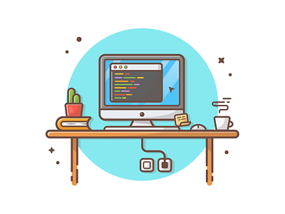 Programmer desk 💻☕ book code coder coffee desk developer development icon illustration logo programmer work