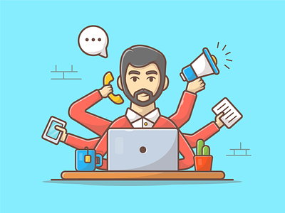 Multitasking 🤓💻📱📝 character coffee flat icon illustration laptop logo man minimal multitasking office work