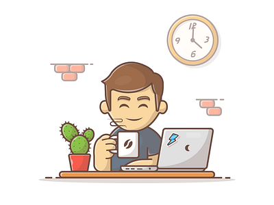 enjoy your coffee! 😋☕️ cactus clock coffee designer freelancer icon illustration laptop logo man office work