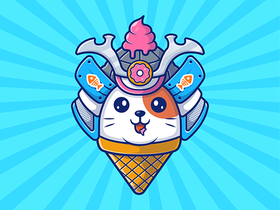 cat samurai! 😼😼🍦 animal cat character cute donut doughnut ice cream icon illustration logo mascot samurai