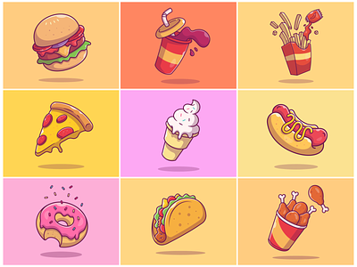 9 Flying Fast Food!! 🌭 🍔 🍟 🍕🍦🥤🍩🍗🌮 burger chicken wings donut french fries ice cream icon illustration logo pizza soda soda can taco
