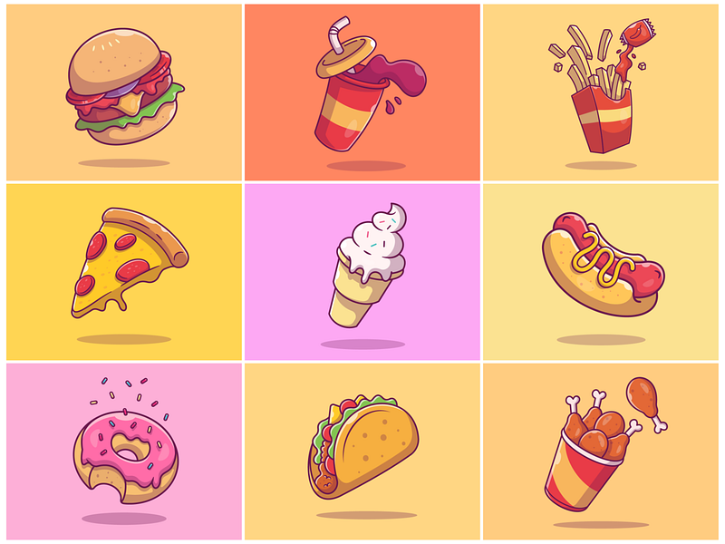 9 Flying Fast Food!! 🌭 🍔 🍟 🍕🍦🥤🍩🍗🌮 by catalyst on Dribbble