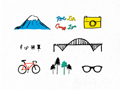 PDX ICONS bike camera hipster icons illustration lettering mountain trees vector