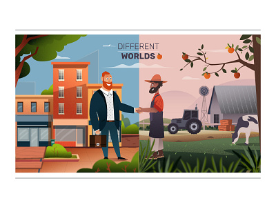 Different Worlds 2dart 2dillustration buildings businessman characters city conceptart farm farmer handshake illustration landscape trees