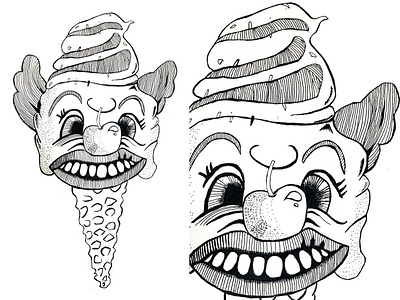 Ice-cream cherry clown freehand sketching icecream line drawings