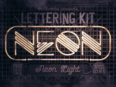 Neon Light Lettering Kit 3d 3d lettering color font deal dealjumbo neon neon font neon lettering neon light neon sign photoshop retro scene creator sign creator steampunk typography typography creator vintage