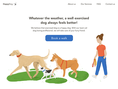 HappyDog Landing Page dogwalking homepage illustration landingpage ui design