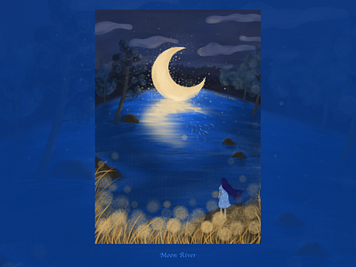 Moon River月亮河 girl illustration moon night river