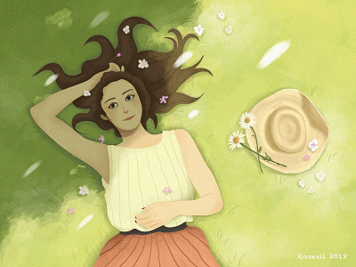 Girl flower girl illustration meadowland sunshine